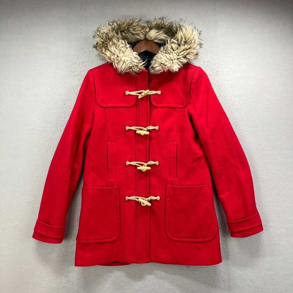 American Eagle Duffle Coat Womens M Red Wool Blend Faux Fur Hood Toggle Winter